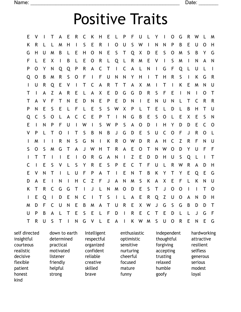 Positive Traits Word Search