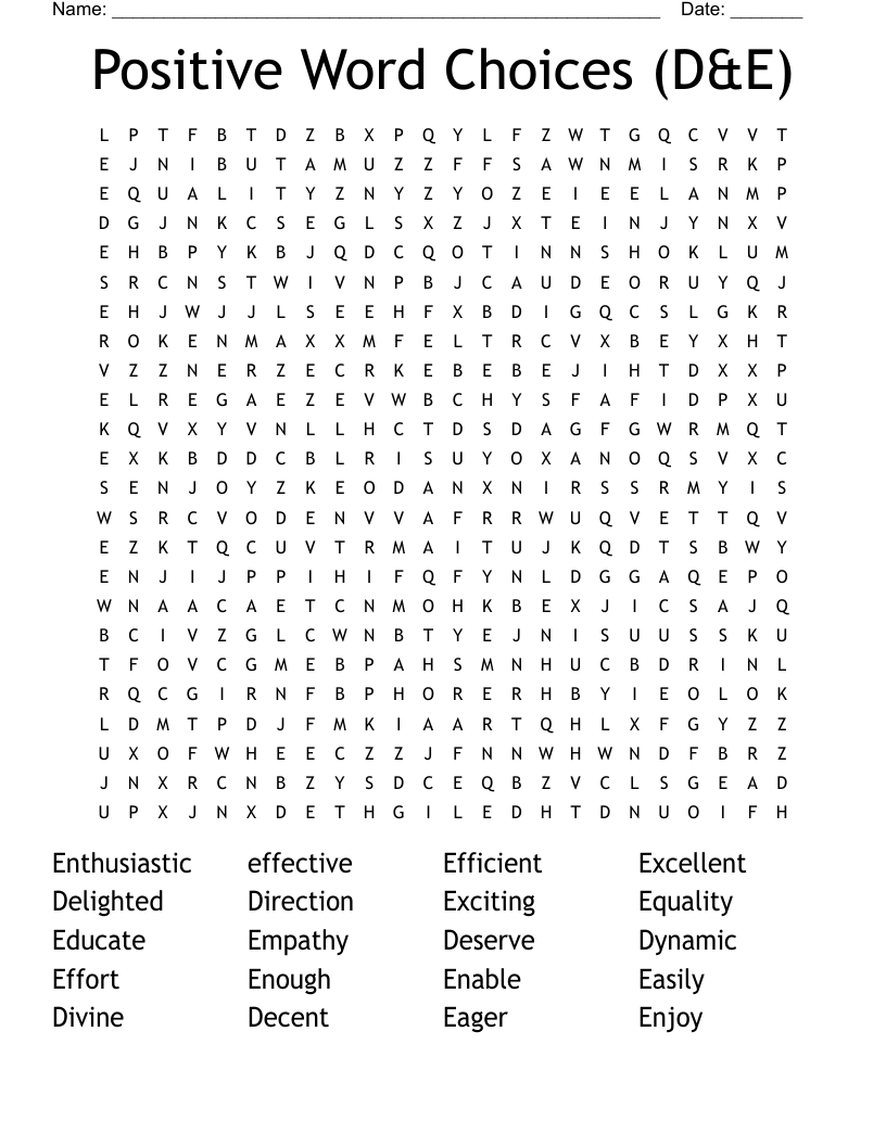 Positive Word Choices (D&E) Word Search