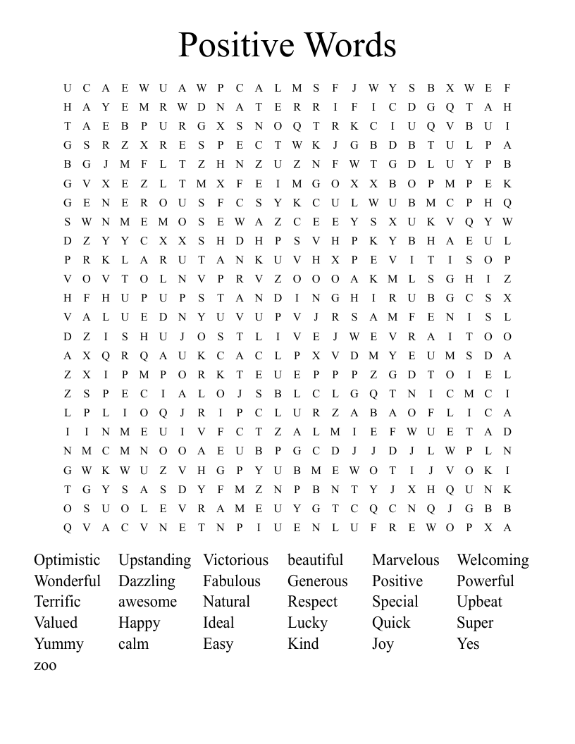 Positive Words Word Search