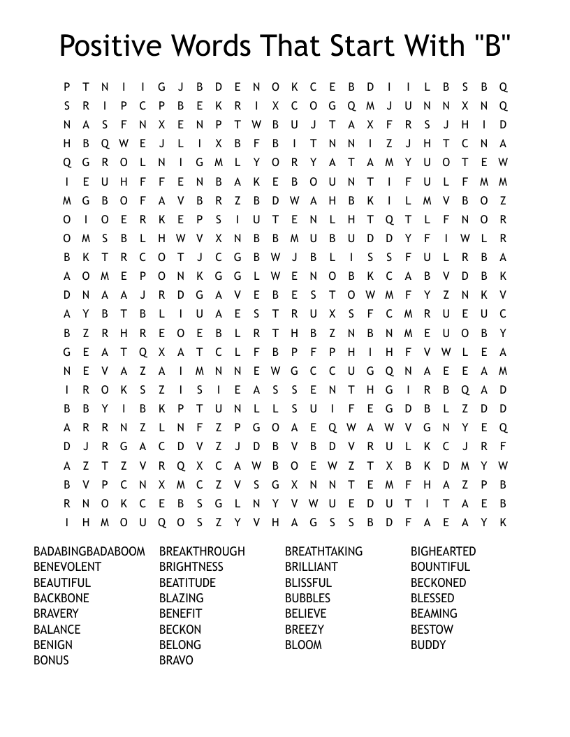 Positive Words That Start With "B" Word Search