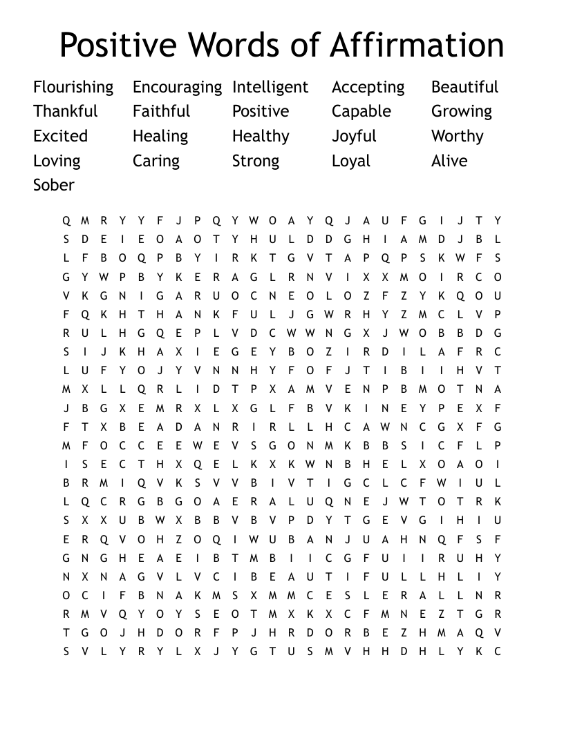 Positive Words of Affirmation Word Search