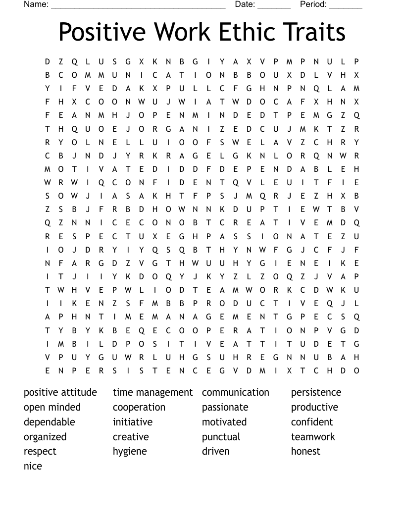 Positive Work Ethic Traits Word Search