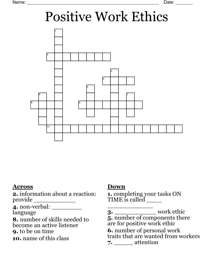 Positive Work Ethics Crossword