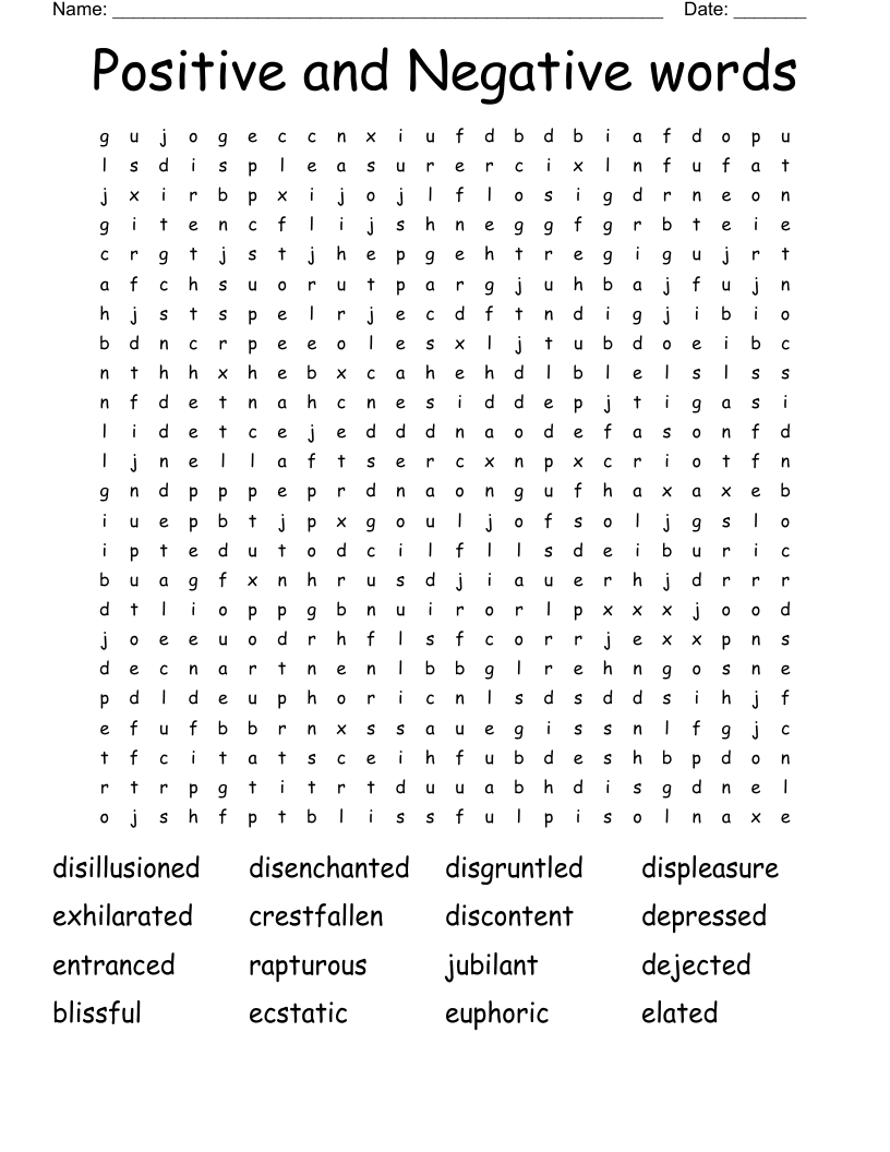 Positive and Negative words Word Search