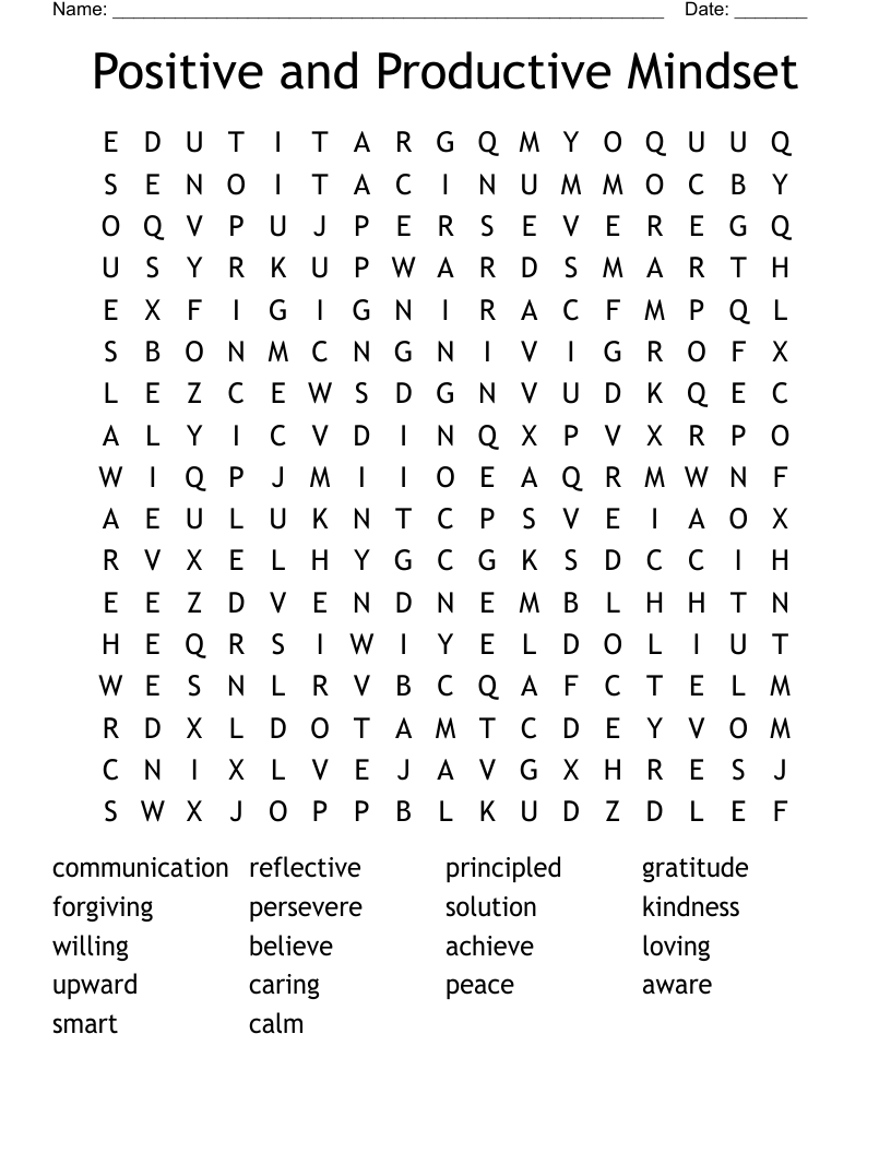 Positive and Productive Mindset Word Search