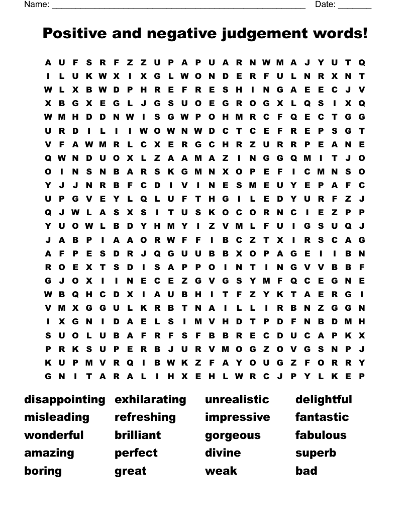 Positive and negative judgement words! Word Search