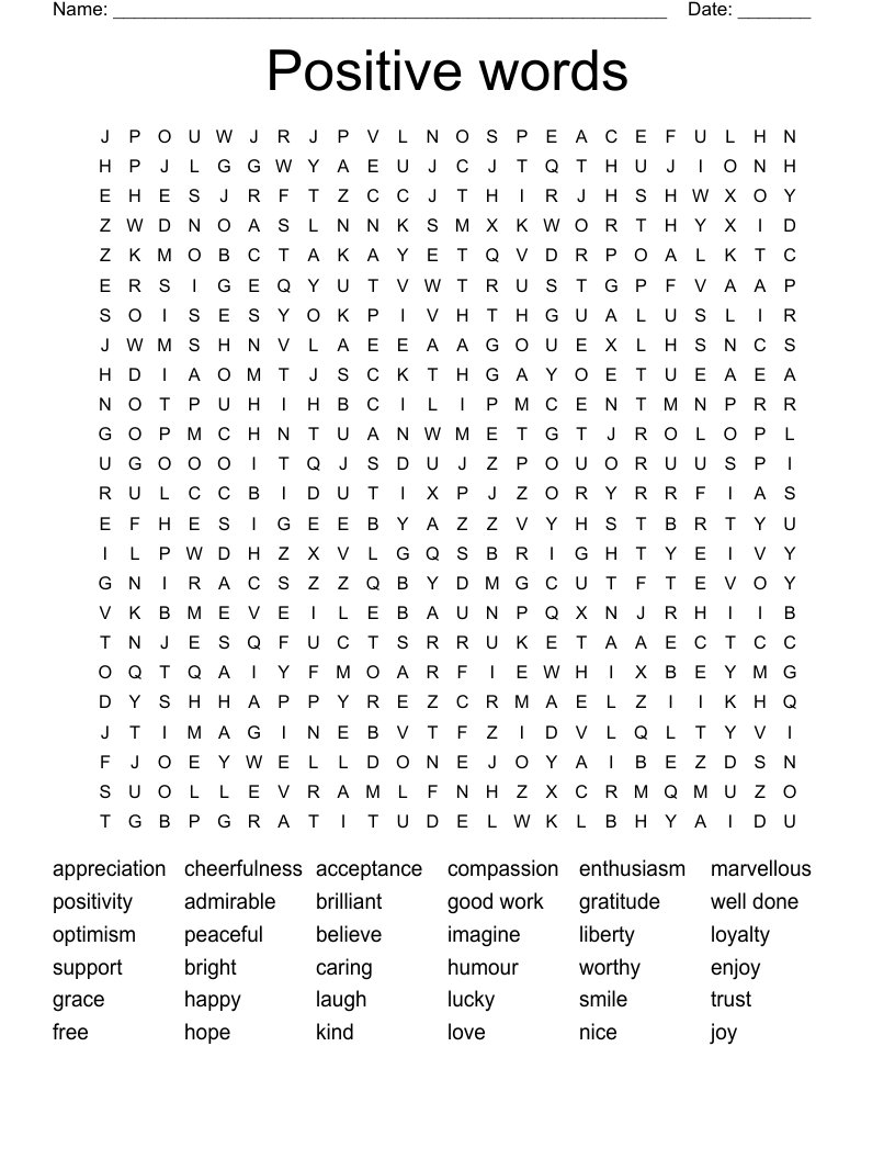 Positive words Word Search