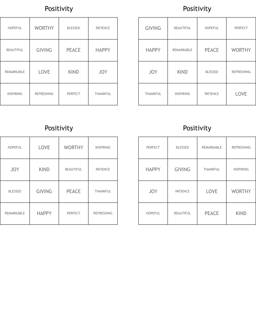 Positivity Bingo Cards