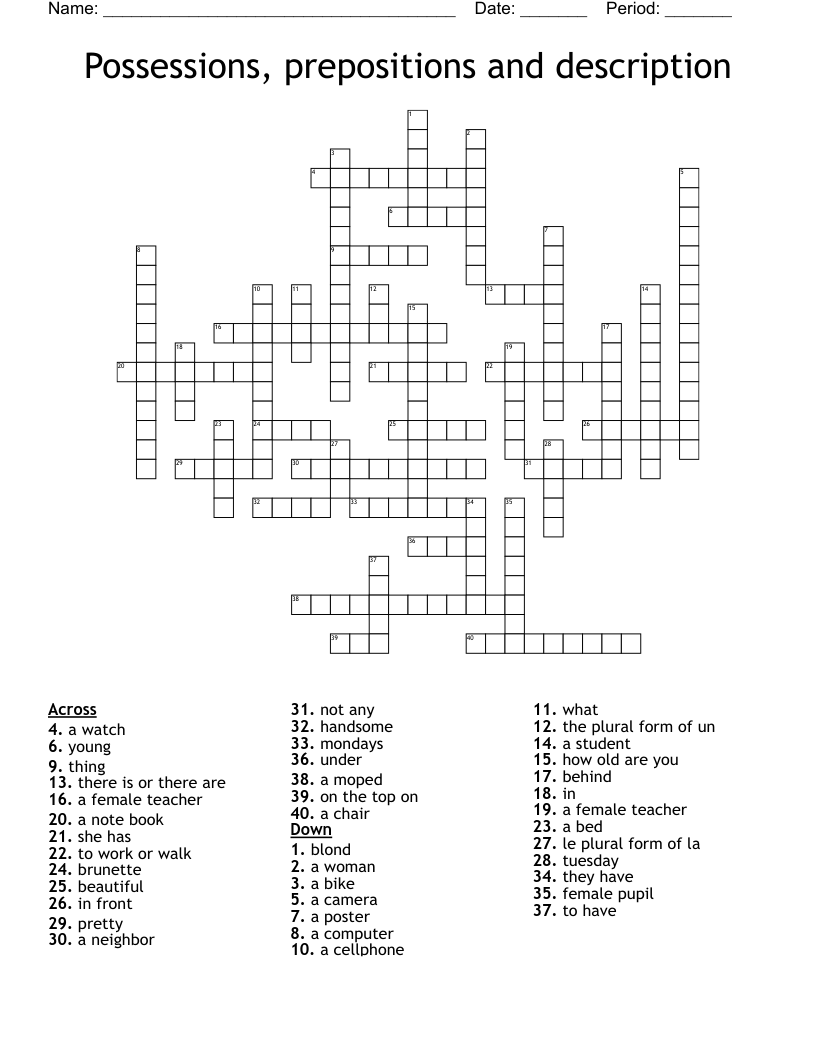 Possessions, prepositions and description Crossword