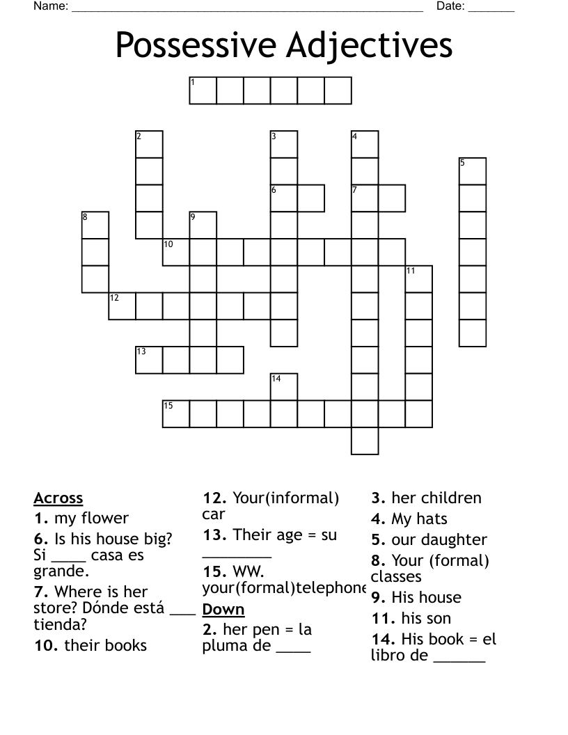 Possessive Adjectives Crossword