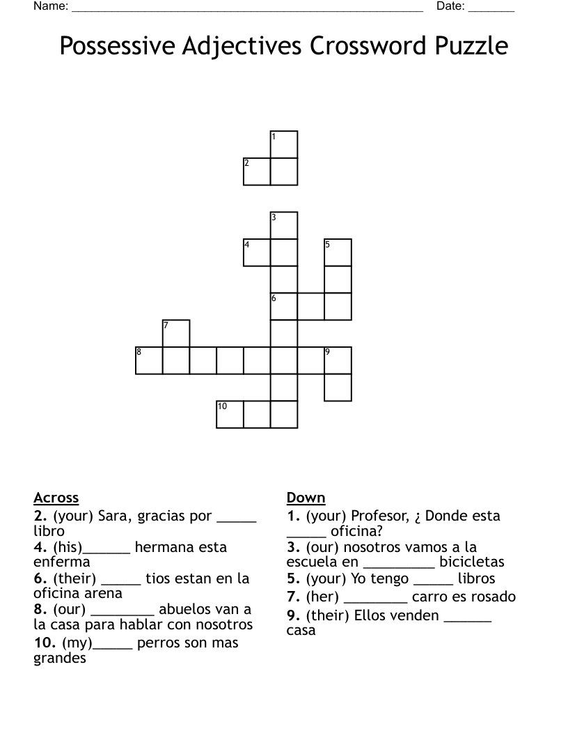 Possessive Adjectives Crossword Puzzle