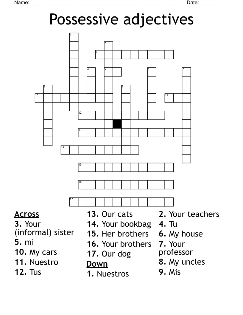 Possessive adjectives Crossword