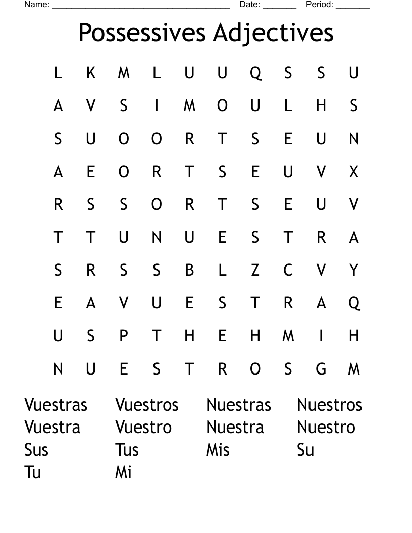 Possessives Adjectives Word Search
