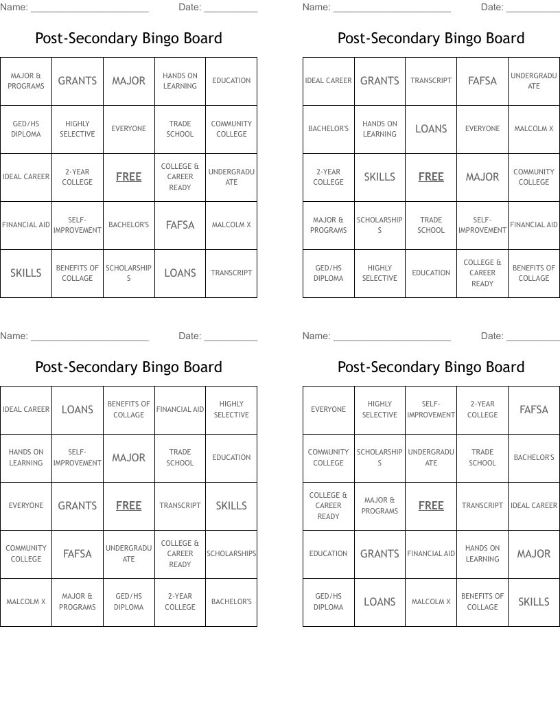 Post-Secondary Bingo Board