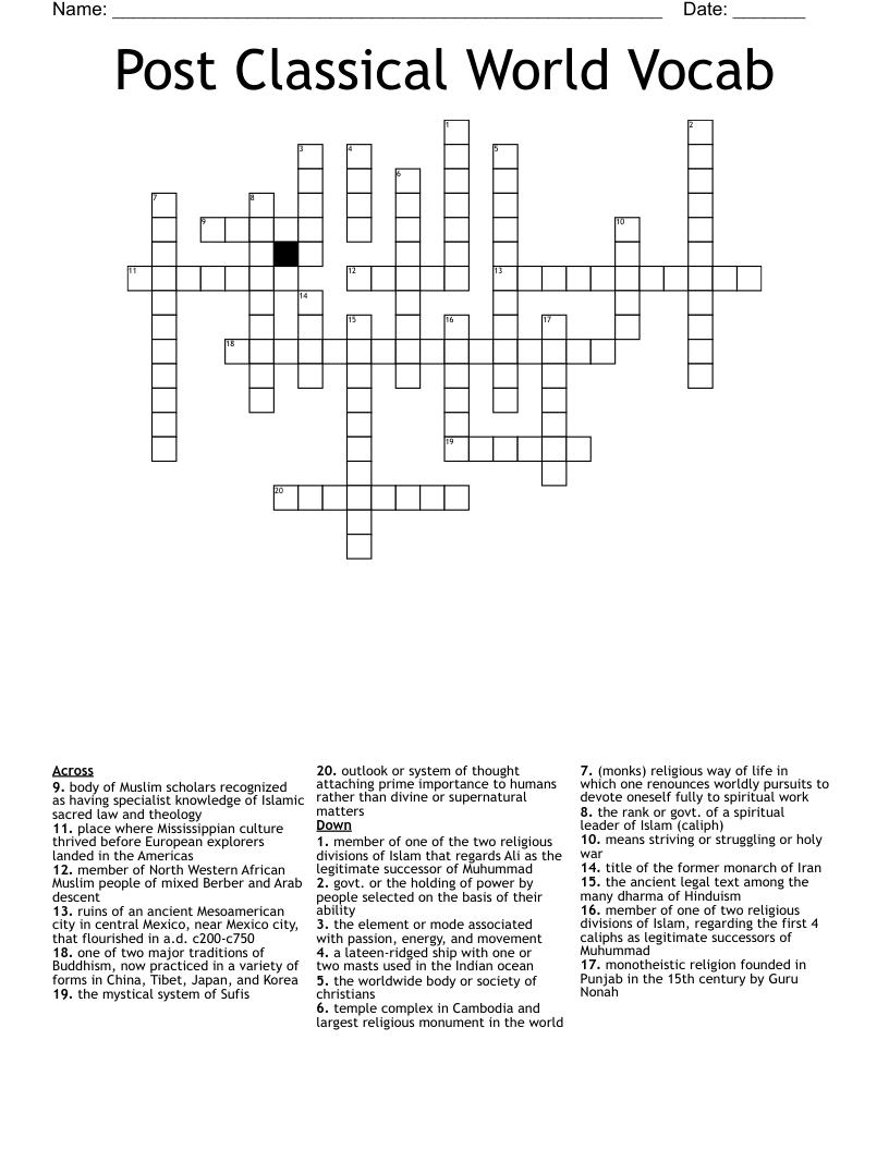 Post Classical World Vocab Crossword