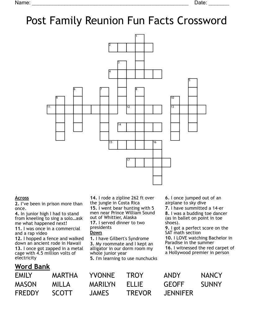 Post Family Reunion Fun Facts Crossword