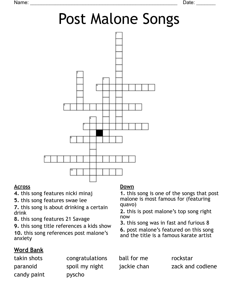Post Malone Songs Crossword