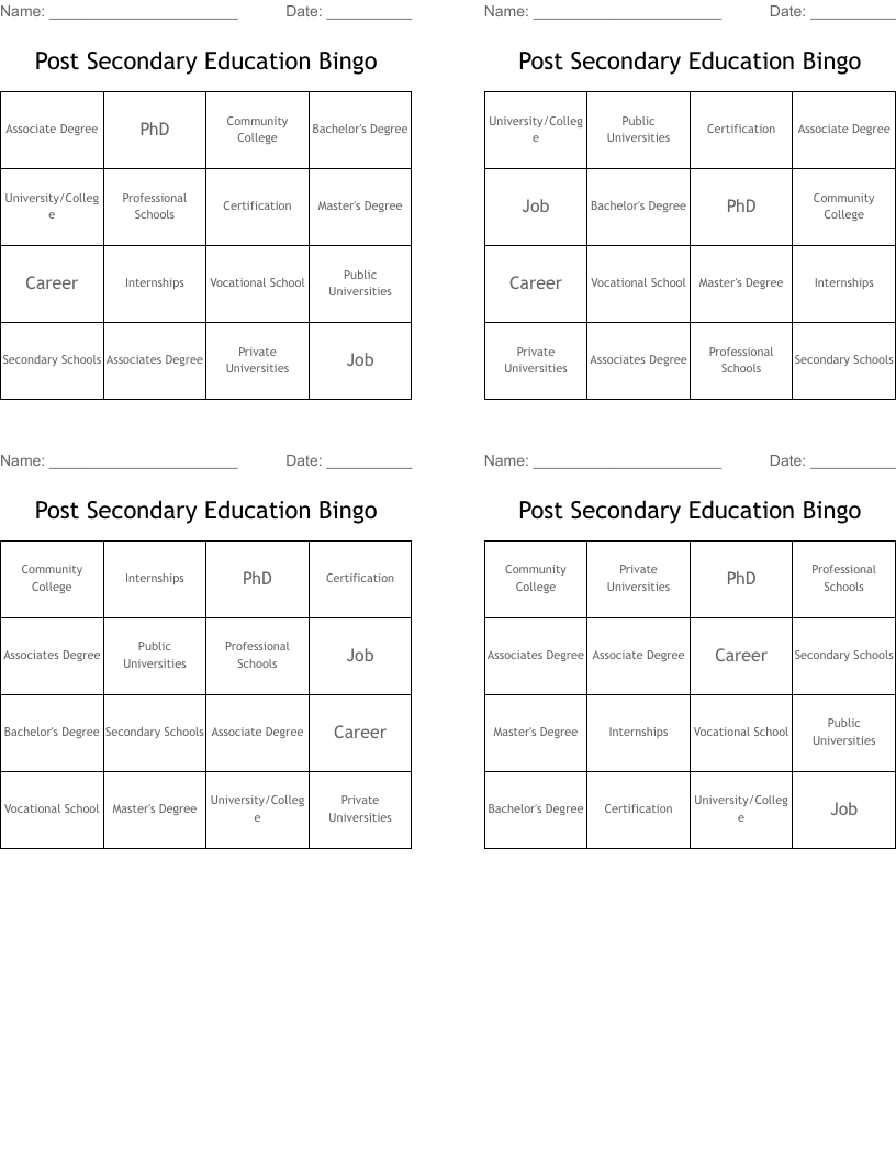 Post Secondary Education Bingo