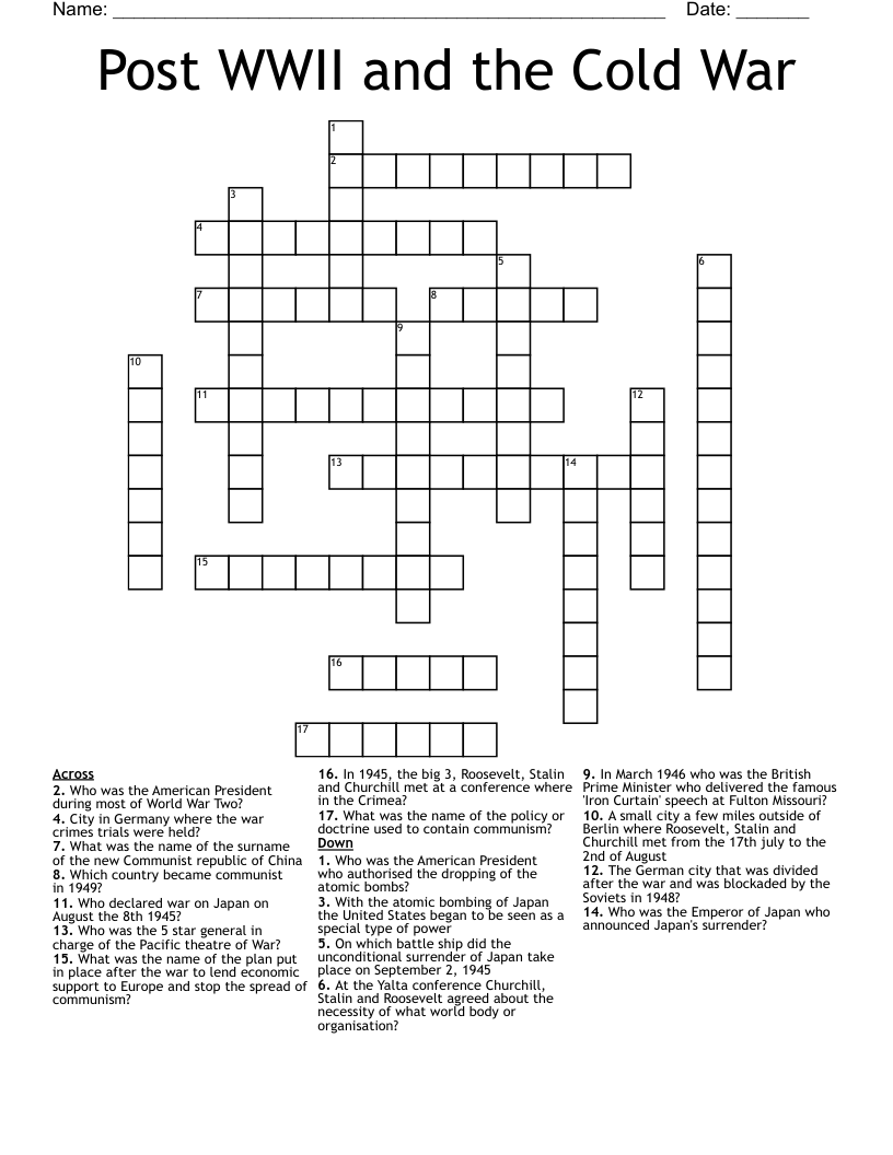 Post WWII and the Cold War Crossword