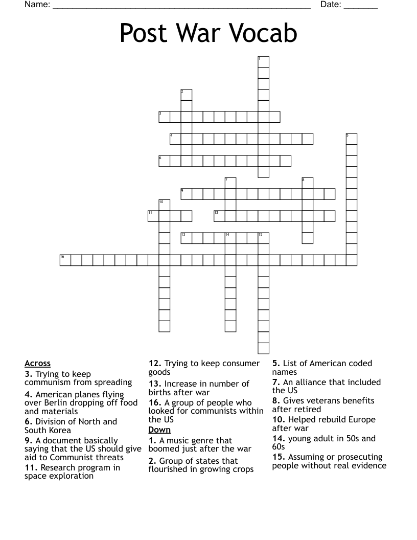 Post War Vocab Crossword