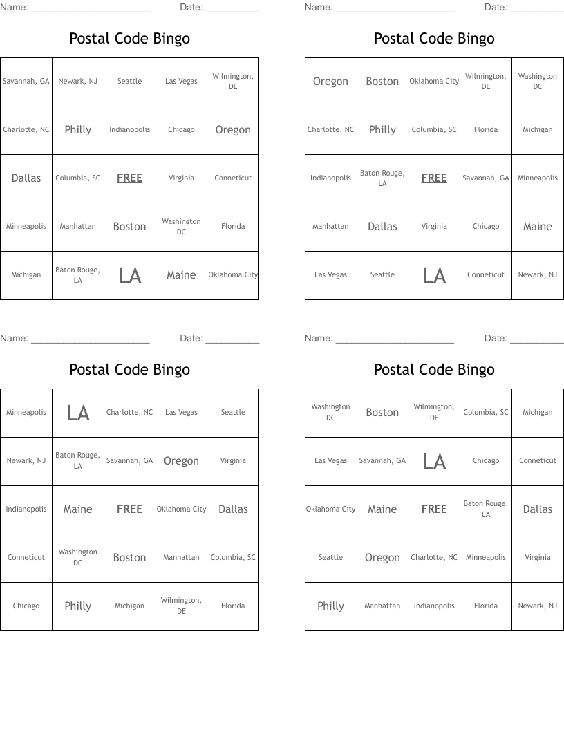 Postal Code Bingo