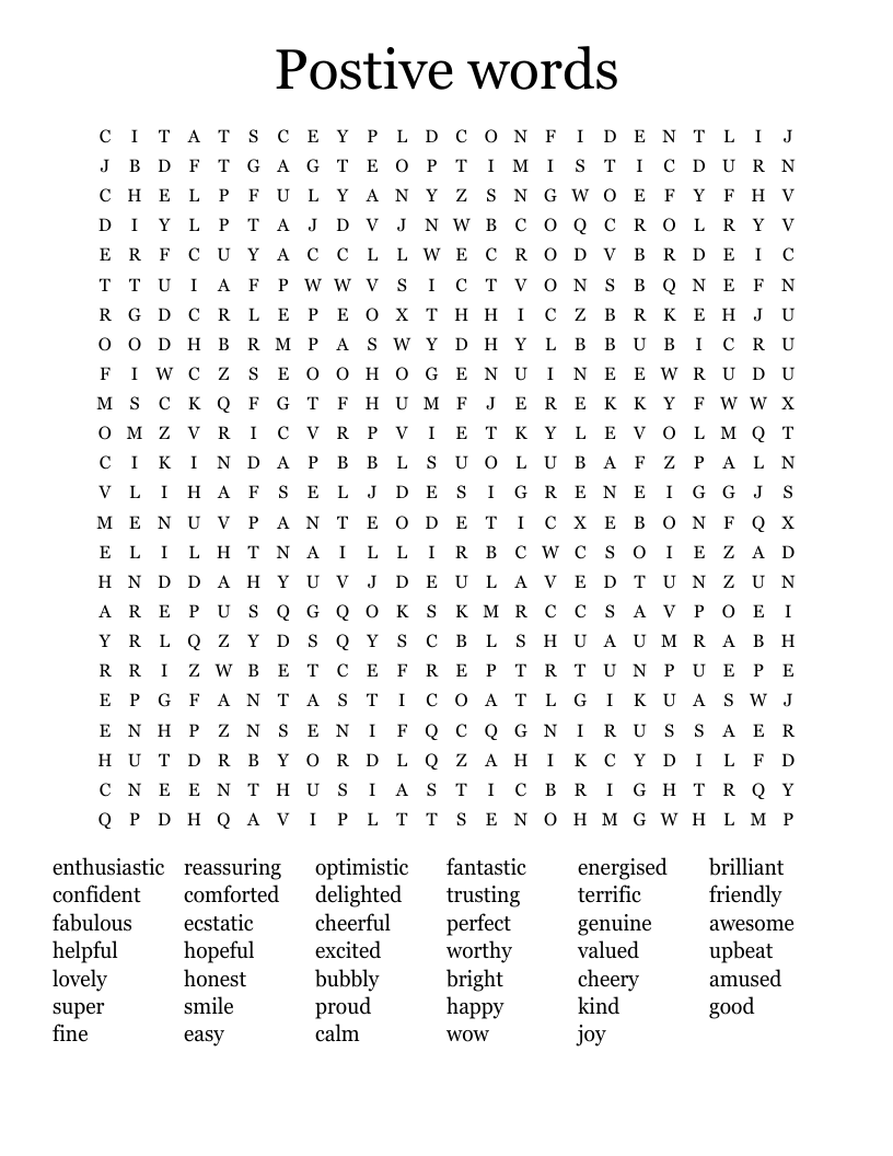Postive words  Word Search