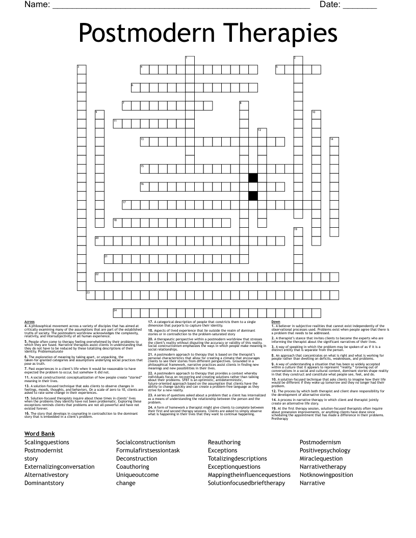 Postmodern Therapies Crossword