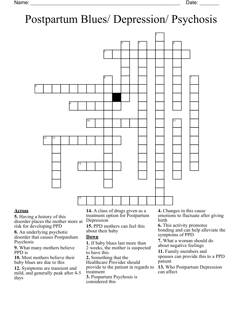 Postpartum Blues/ Depression/ Psychosis Crossword