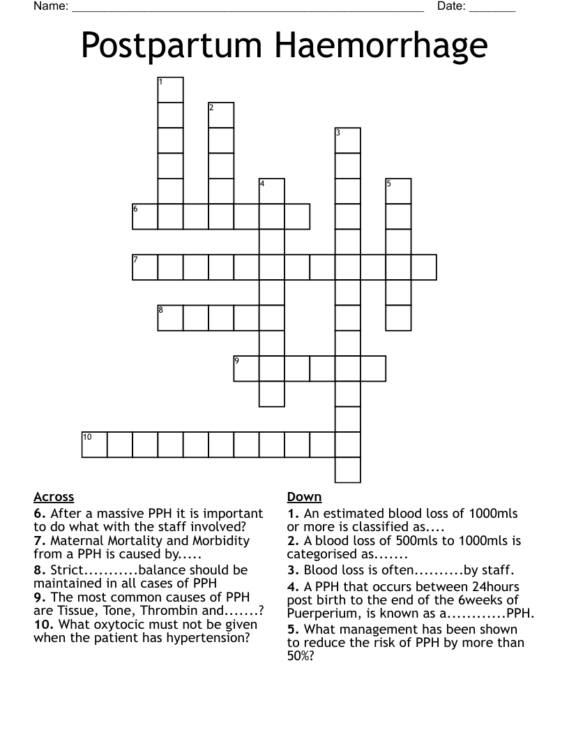 Postpartum Haemorrhage Crossword