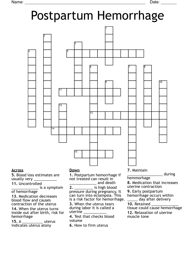 Postpartum Hemorrhage Crossword