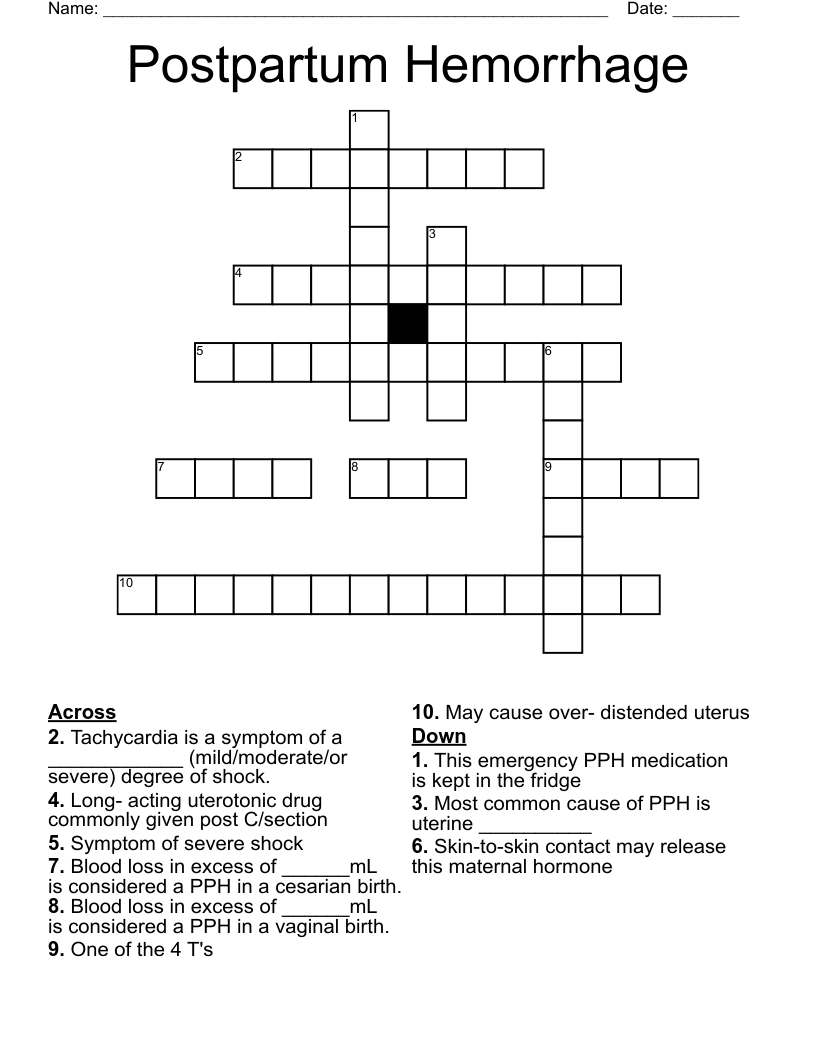 Postpartum Hemorrhage Crossword