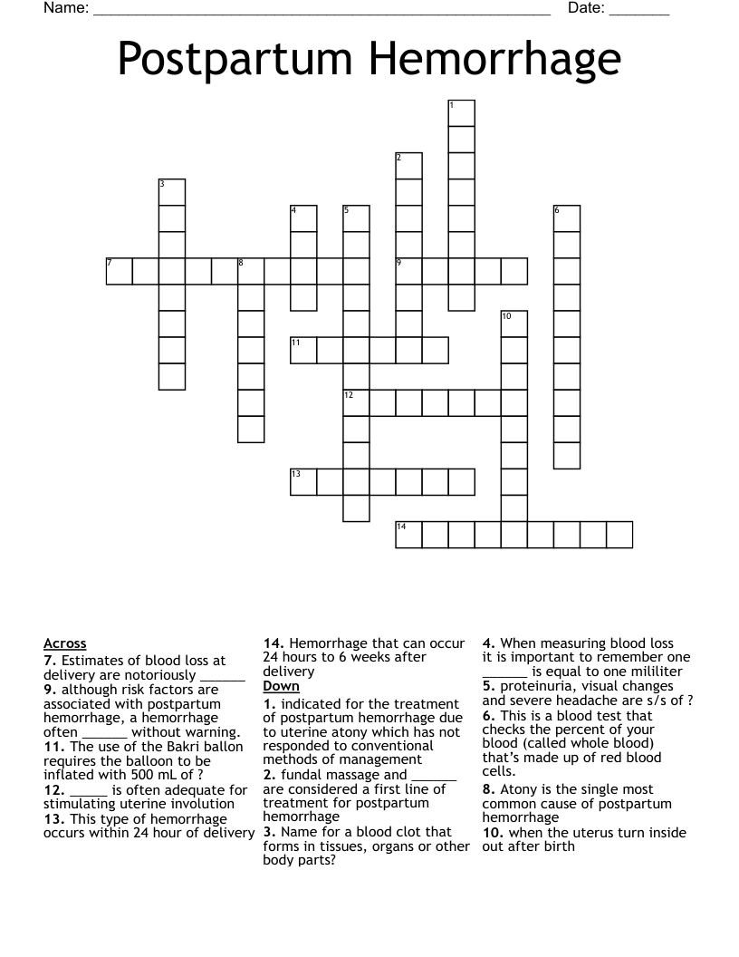 Postpartum Hemorrhage Crossword