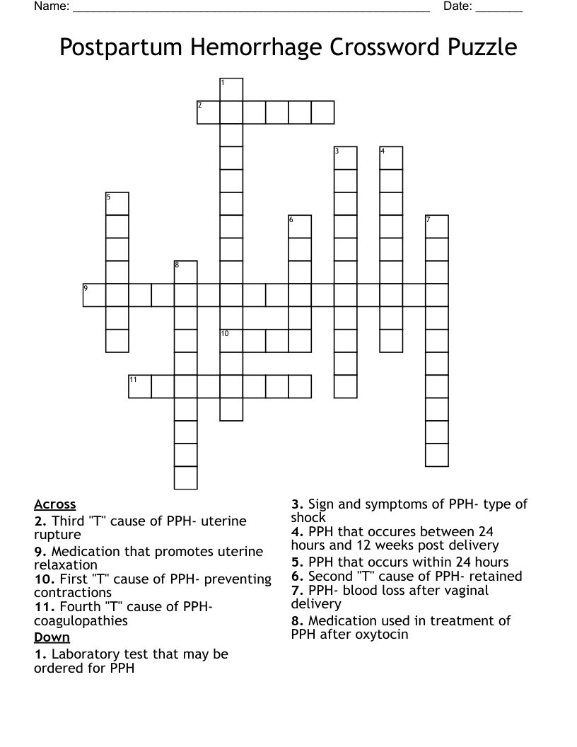 Postpartum Hemorrhage Crossword Puzzle