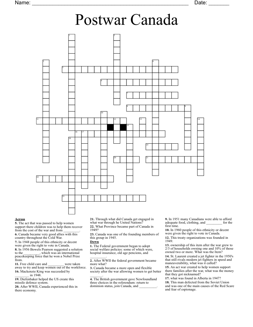 Postwar Canada Crossword