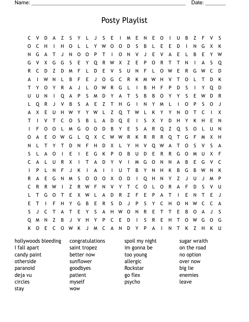 Posty Playlist                                                                 Word Search