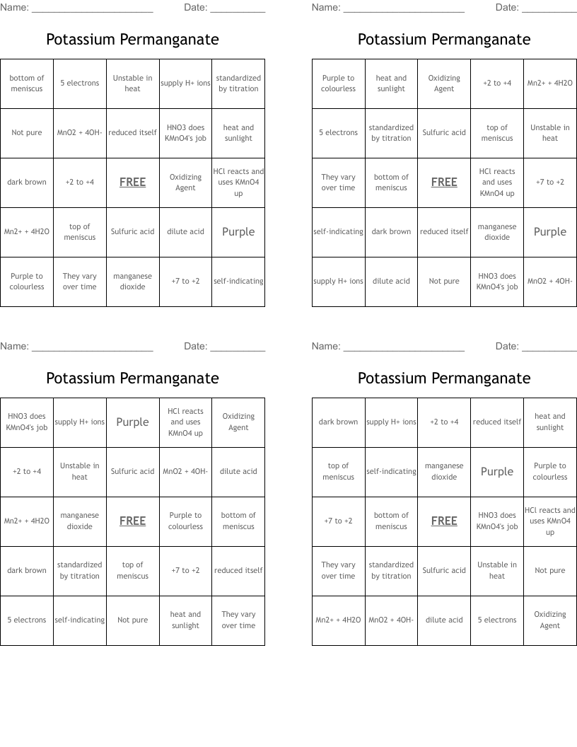 Potassium Permanganate Bingo Cards