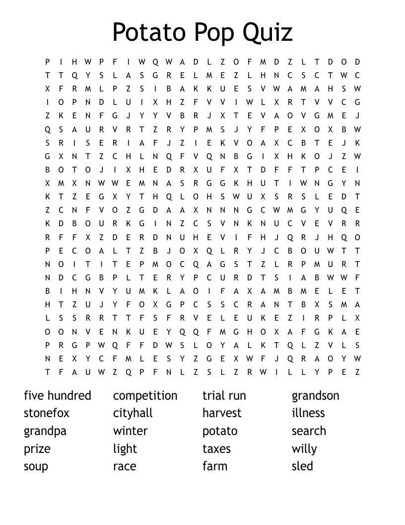 Potato Pop Quiz Word Search