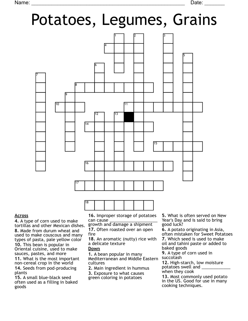 Potatoes, Legumes, Grains Crossword