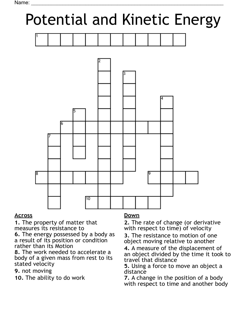Potential and Kinetic Energy Crossword