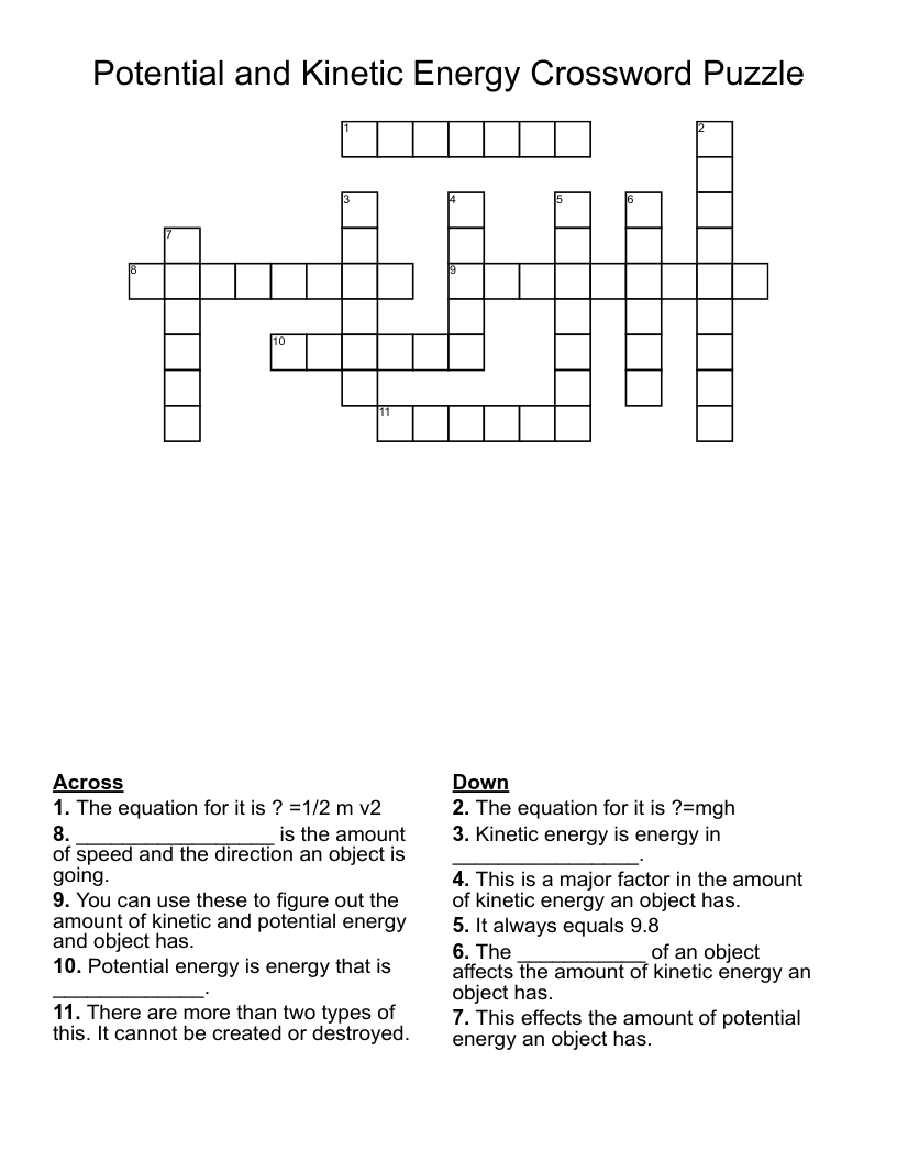 Potential and Kinetic Energy Crossword Puzzle