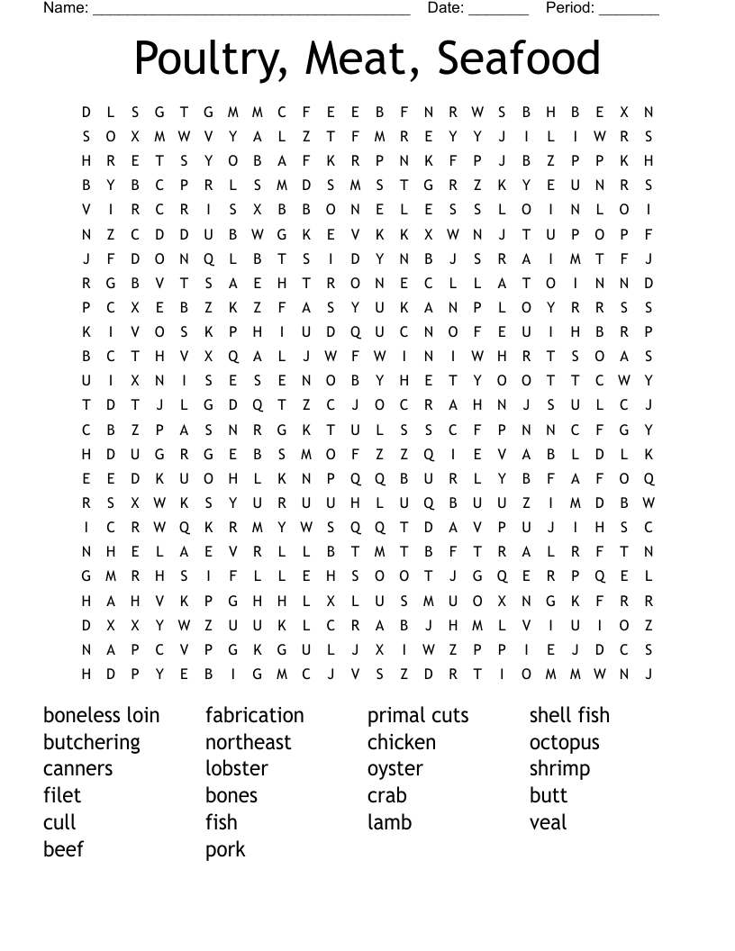 Poultry, Meat, Seafood Word Search