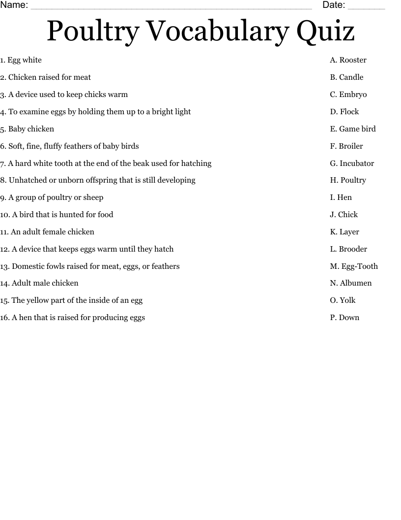 Poultry Vocabulary Quiz Worksheet