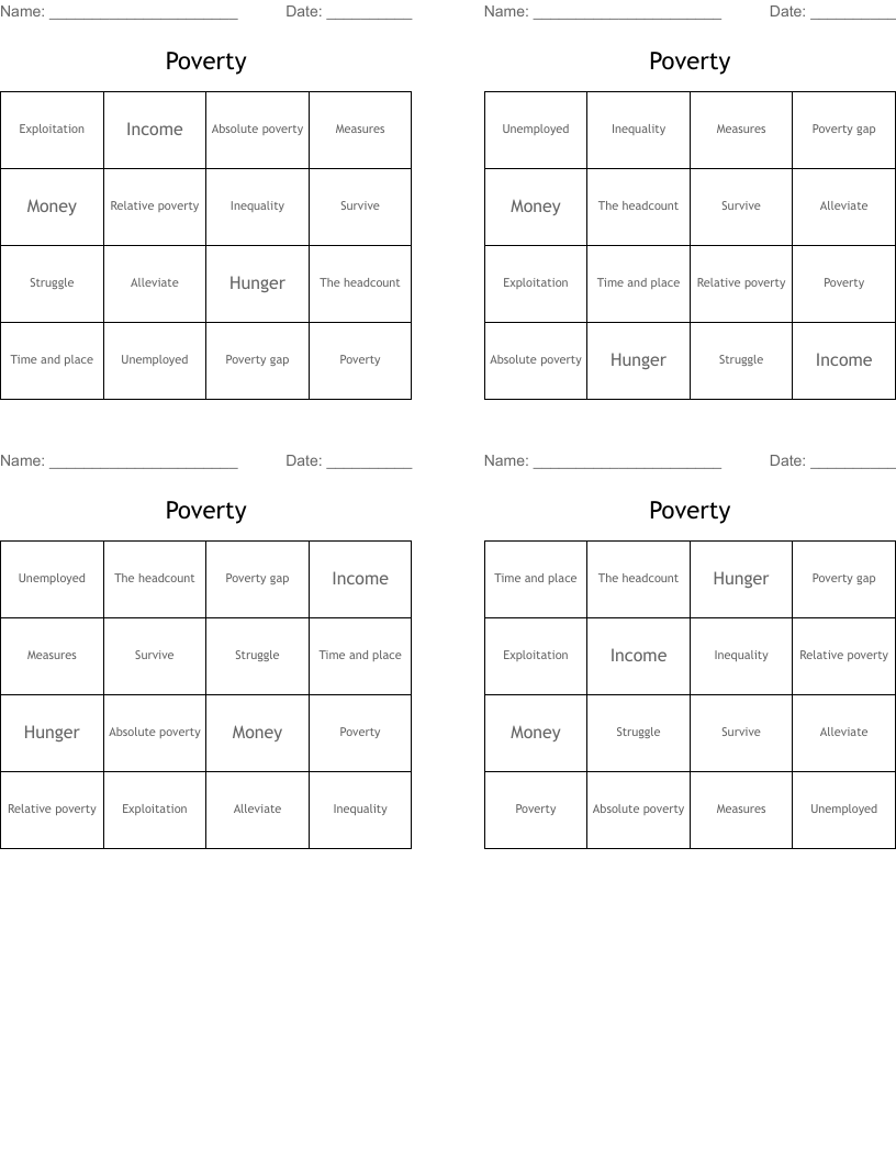 Poverty Bingo Cards