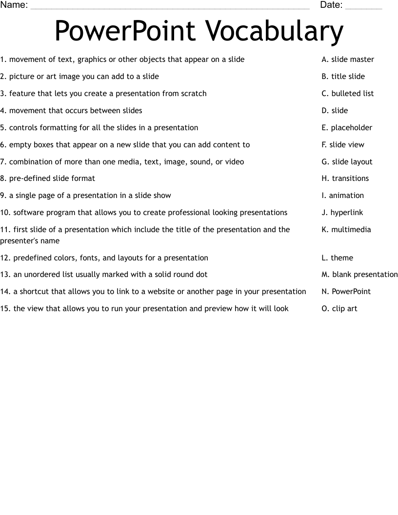 PowerPoint Vocabulary Worksheet