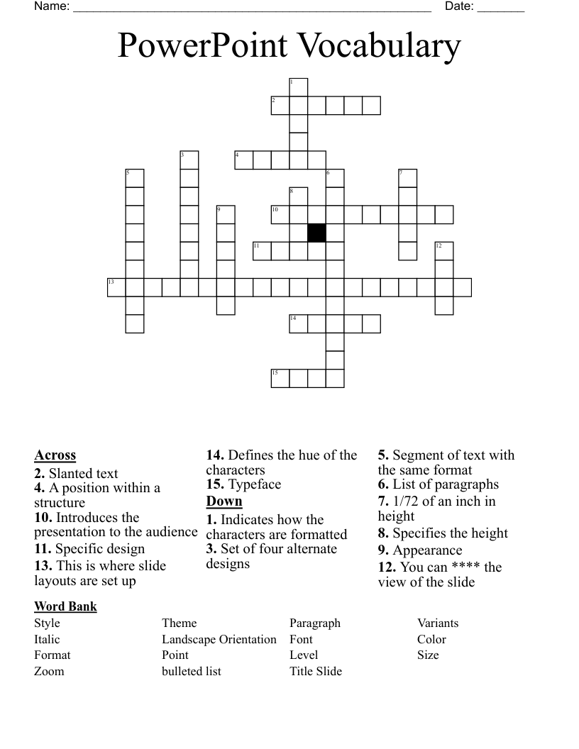 PowerPoint Vocabulary Crossword