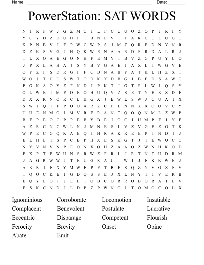 PowerStation: SAT WORDS Word Search