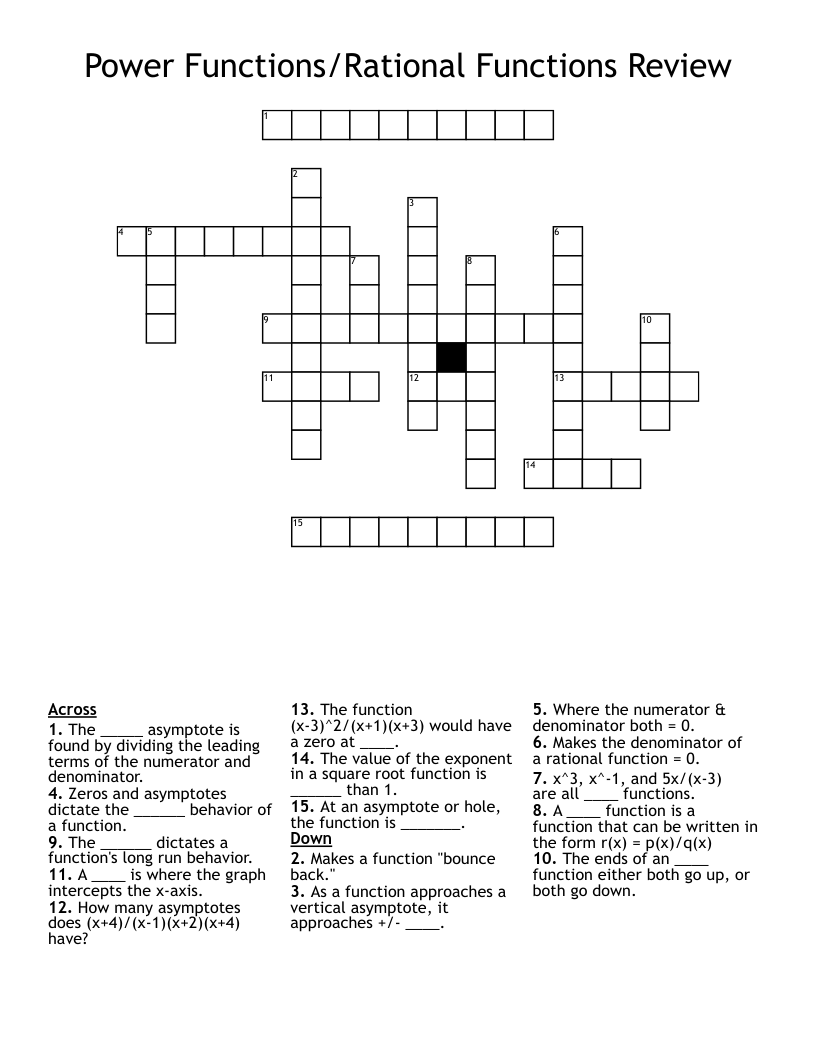Power Functions/Rational Functions Review Crossword