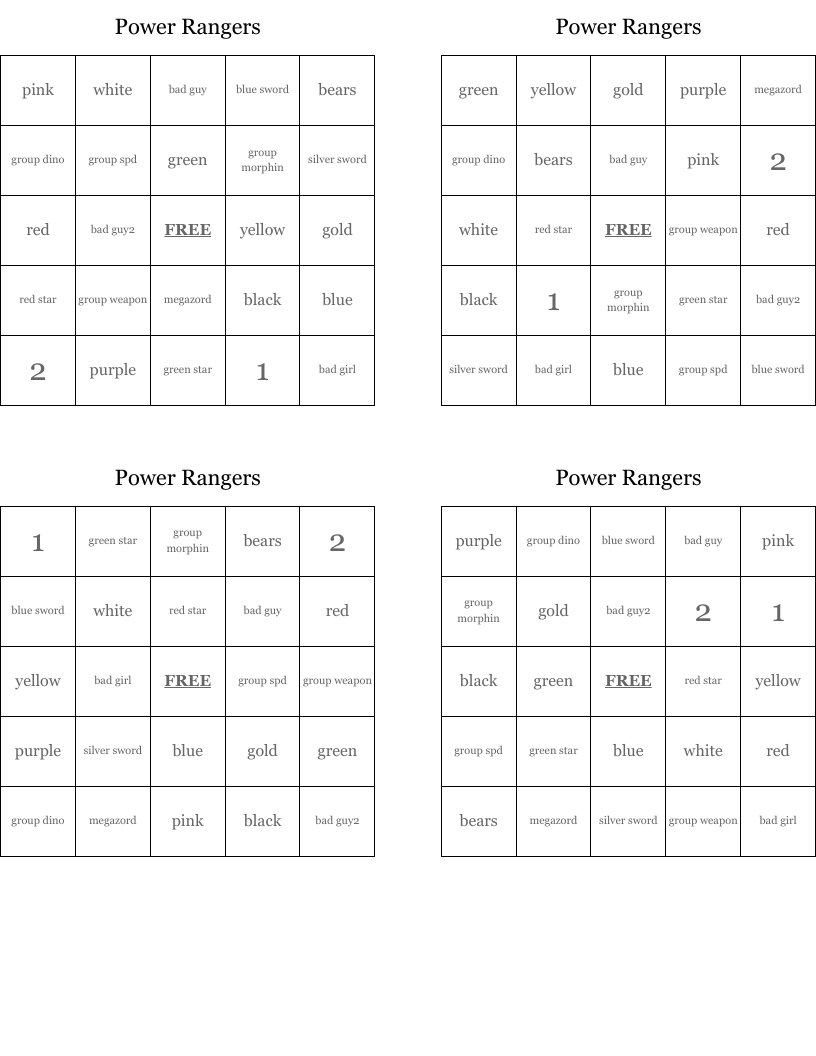 Power Rangers Bingo Cards