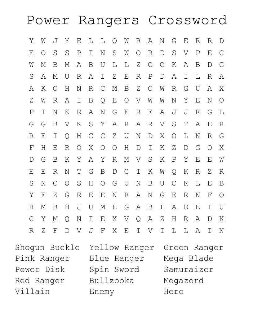 Power Rangers Crossword Word Search