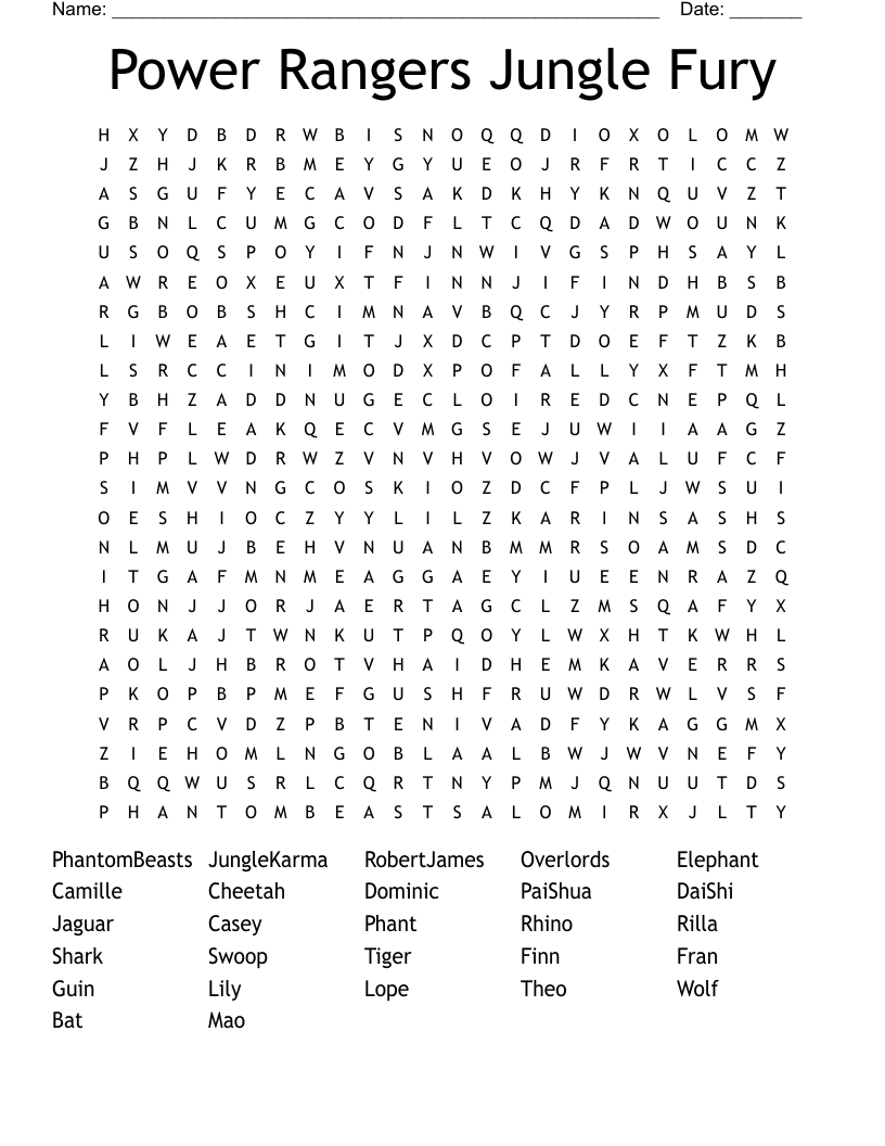 Power Rangers Jungle Fury Word Search
